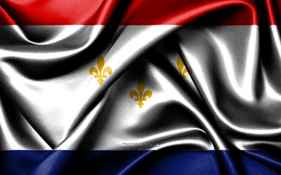 New Orleans flag, 4K, american cities, fabric flags, Day of New Orleans, flag of New Orleans, wavy silk flags, USA, cities of America, cities of Mississippi, US cities, New Orleans Mississippi, New Orleans