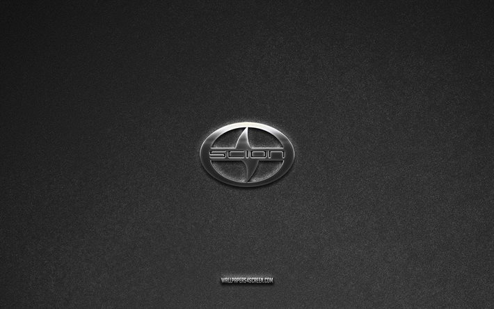 Scion logo, gray stone background, Scion emblem, car logos, Scion, car brands, Scion metal logo, stone texture