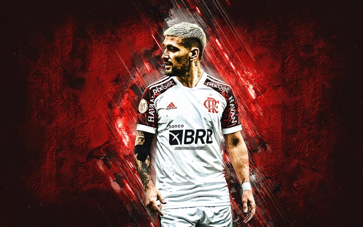 giorgian de arrascaeta, flamengo, uruguaylainen jalkapalloilija, hyökkäävä keskikenttäpelaaja, punainen kivi tausta, jalkapallo, serie a, brasilia, clube de regatas do flamengo