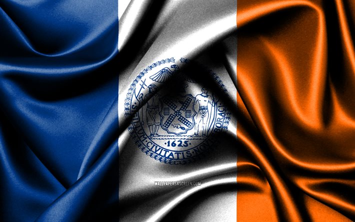 flagge von new york city, 4k, amerikanische städte, stoffflaggen, tag von new york city, gewellte seidenflaggen, usa, städte von amerika, städte von new york, us-städte, new york city