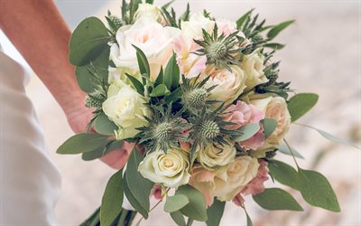 wedding bouquet, 4k, white roses, green roses, bridal bouquet, white roses bouquet, wedding concepts, bouquet in brides hands, wedding background