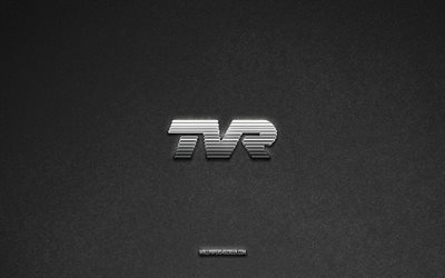 TVR logo, gray stone background, TVR emblem, car logos, TVR, car brands, TVR metal logo, stone texture