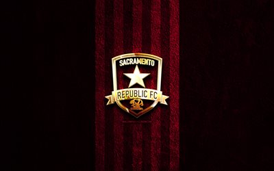sacramento republic kultainen logo, 4k, punainen kivi tausta, usl, amerikkalainen jalkapalloseura, sacramento republic -logo, jalkapallo, sacramento republic fc, sacramento republic