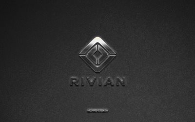Rivian logo, gray stone background, Rivian emblem, car logos, Rivian, car brands, Rivian metal logo, stone texture