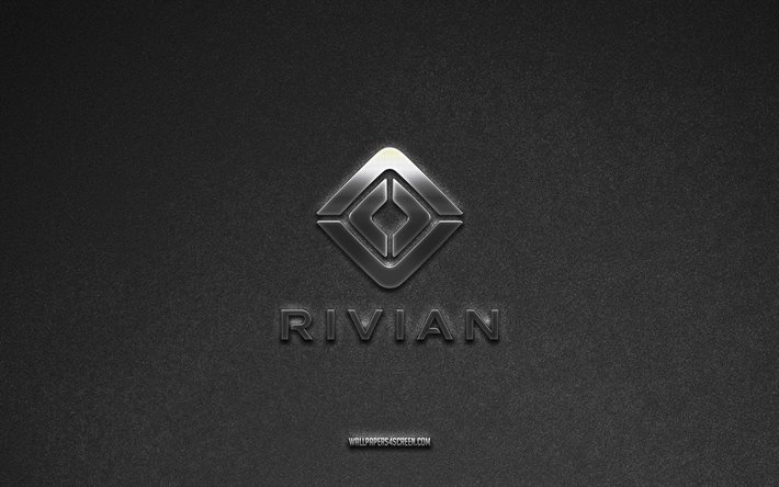 rivian logotipo, pedra cinza de fundo, rivian emblema, logotipos de carros, rivian, marcas de automóveis, rivian logotipo de metal, textura de pedra