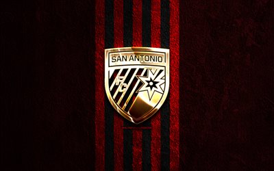 San Antonio FC golden logo, 4k, red stone background, USL, american soccer club, San Antonio FC logo, soccer, football, San Antonio FC