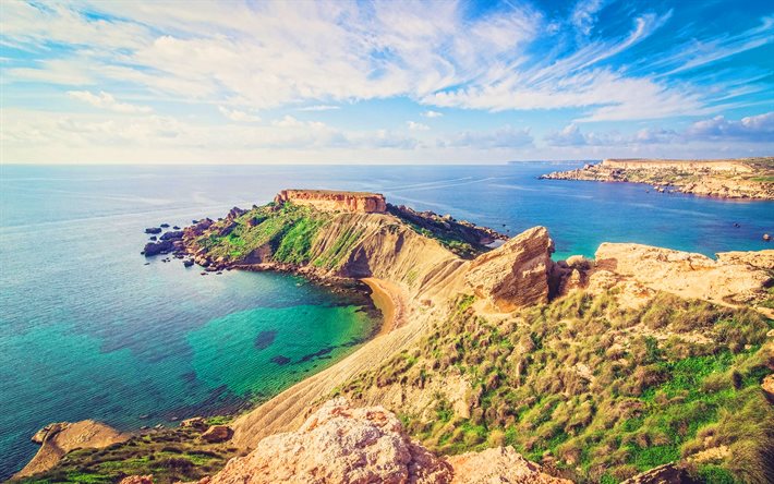 Malta, 4k, summer, sea, beautiful nature, coast, cliffs, Europe, Maltese nature