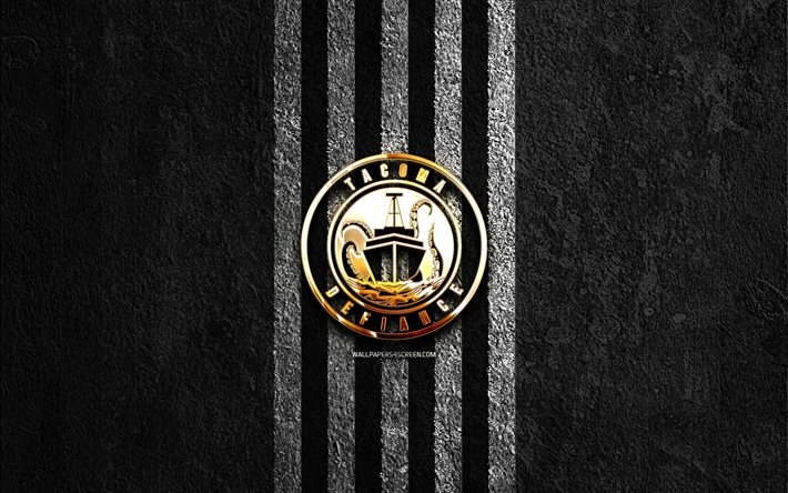 タコマ デファイアンスの金色のロゴ, 4k, 黒い石の背景, usl, アメリカン サッカー クラブ, タコマ デファイアンスのロゴ, サッカー, タコマ デファイアンス fc, フットボール, タコマディファイアンス