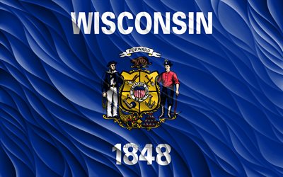 4k, Wisconsin flag, wavy 3D flags, american states, flag of Wisconsin, Day of Wisconsin, 3D waves, USA, State of Wisconsin, states of America, Wisconsin