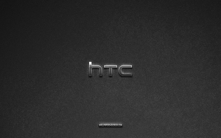 logo htc, sfondo in pietra grigia, emblema htc, loghi tecnologici, htc, marchi di produttori, logo in metallo htc, struttura in pietra