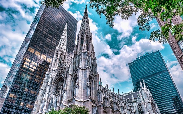 4k, St Patrick's Cathedral, New York, Catholic cathedral, Manhattan, skyscrapers, evening, modern back, New York cityscape, NY, USA