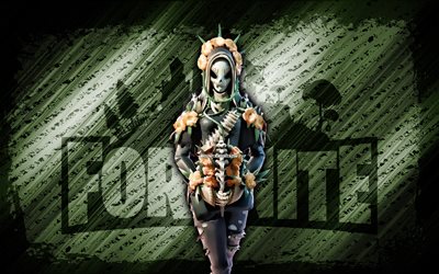 Catrina Fortnite, 4k, green diagonal background, grunge art, Fortnite, artwork, Catrina Skin, Fortnite characters, Catrina, Fortnite Catrina Skin