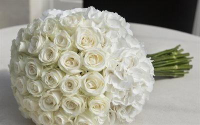 büyük beyaz gül buketi, 4k, düğün buketi, beyaz güller, beyaz buket, güller, düğün konseptleri, gelin buketi, gül buketi