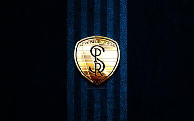 swope park rangersの金色のロゴ, 4k, 青い石の背景, usl, アメリカン サッカー クラブ, スウォープ・パーク・レンジャーズのロゴ, サッカー, スウォープ パーク レンジャーズ fc, フットボール, スウォープ・パーク・レンジャーズ
