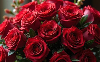 rose rouges, grand bouquet de roses rouges, 4k, bouquet de mariage, roses rouges, grandes roses rouges, bouquet de roses, contexte avec des roses rouges