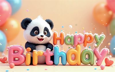feliz cumpleaños, 4k, lindo panda divertida, feliz cumpleaños inscripción 3d, panda de dibujos animados 3d esponjosos, conceptos positivos, conceptos de feliz cumpleaños, antecedentes de feliz cumpleaños con panda