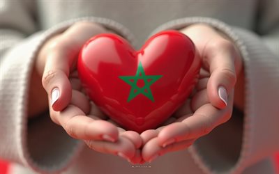 amo a marruecos, 4k, heart 3d como la bandera de marruecos en las manos, viajar a marruecos, corazón en las manos, corazón como la bandera de marruecos, bandera de marruecos, día de marruecos, amor por marruecos