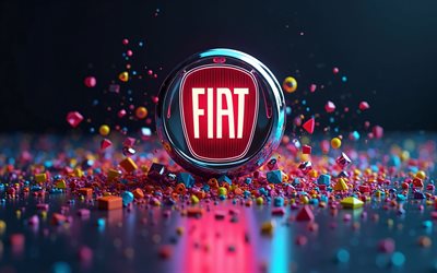 Fiat 3D logo, 4k, bokeh, 3D geometric shapes, dark abstract background, artwork, Fiat colorful logo, geometric art, Fiat logo, cars brands, Fiat
