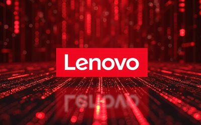 4k, logotipo de lenovo 3d, creativo, fondo de matriz roja, marcas, obra de arte, bokeh, logotipo de la electrónica, logotipo de lenovo, lenovo