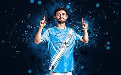 bernardo silva, 4k, alegría, fondo abstracto azul, manchester city fc, liga premier, futbolistas portugueses, bernardo silva 4k, luces neones azules, fútbol americano, fútbol, bernardo silva manchester city