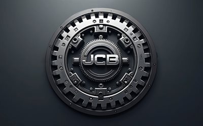 jcb metal logo, 4k, créatif, engrenages, fond gris, marques, jcb 3d logo, logo jcb, équipement de construction, jcb