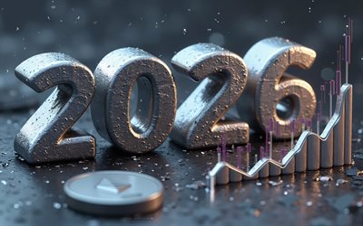 2026 dígitos 3d hechos de metal, moneda de plata 3d ethereum, 2026 conceptos, mercado de criptomonedas 2026, gráfico 3d de crecimiento, 2026 año nuevo, ethereum, crecimiento de ethereum en 2026, criptomonedas, antecedentes de finanzas