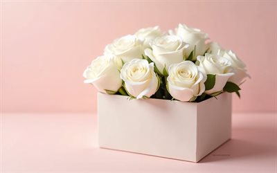 4k, buquê de rosas brancas na caixa de papel, fundo rosa, rosas brancas, buquê fofo, presente fofo, rosas brancas em uma caixa, fundo com rosas brancas