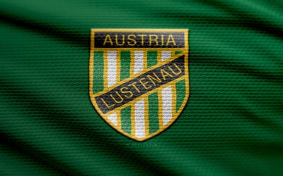 sc autriche lustenau fabric logo, 4k, contexte de tissu vert, autrichien 2 liga, bokeh, football, sc autriche lustenau logo, sc autriche lustenau emblem, sc austria lustenau, club de football autrichien, autriche lustenau fc