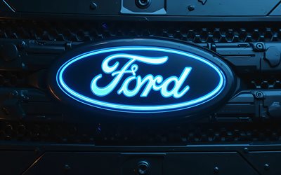4k, logo ford blue neon, oscurità, bokeh, sfondi meccanici neri, luci al neon blu, logo ford 3d, opera d'arte, logo ford metal, logo ford, marchi di auto, guado