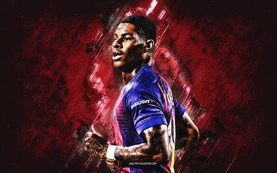 Marcus Rashford, FC Barcelona, English footballer, back view, burgundy stone background, grunge art, Barcelona, La Liga, Spain, soccer, Marcus Rashford Barcelona