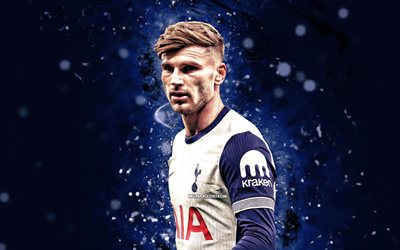4k, timo werner, mavi soyut arka plan, tottenham hotspur fc, premier lig, alman futbolcuları, timo werner 4k, mavi neon işıklar, futbol, timo werner tottenham hotspur