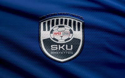 logotipo de tecido sku amstetten, 4k, fundo de tecido azul, austríaco 2 liga, bokeh, futebol, sku amstetten logo, sku amstetten emblem, sku amstetten, clube de futebol austríaco, sku amstetten fc