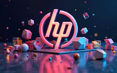 logo 3d di hewlett packard, 4k, bokeh, forme geometriche 3d, background astratto scuro, opera d'arte, logo colorato di hewlett packard, arte geometrica, logo hp, logo hewlett packard, marchi elettronici, hewlett packard, hp