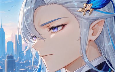 4k, neuvillette, de cerca, violinista, impacto de genshin, paisaje urbano, personajes de anime, obra de arte, personajes de impacto genshin, neuvillette genshin impacto