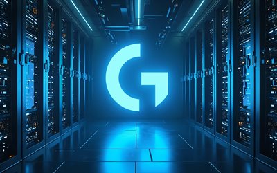 4k, logitech blue neon logo, bokeh, marques électroniques, racks de données, œuvres d'art, logitech logo, obscurité, logo des marques, logitech neon logo, logitech, marques, logitech blue logo