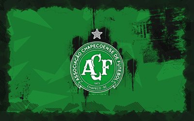 chapecoense sc grunge logo, 4k, série brésilienne b, fond grunge vert, football, chapecoense sc emblem, chapecoense sc logo, chapecoense sc, club de football brésilien, chapecoense fc