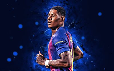 4k, Marcus Rashford, blue abstract background, FC Barcelona, La Liga, english footballers, Marcus Rashford 4K, blue neon lights, football, soccer, Barcelona FC, LaLiga, Barcelona, FCB, Marcus Rashford Barcelona