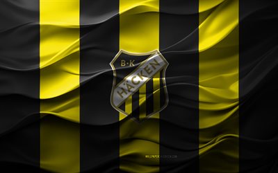 4k, bk hacken logo, sfondo 3d giallo nero, allsvenskan, emblema di bk hacken, squadra di calcio svedese, bandiera bk hacken, texture 3d, svezia, bk hacken, calcio, hacken