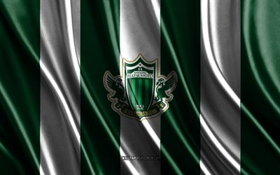 4k, logo matsumoto yamaga, j3 league, texture de soie blanche verte, drapeau de matsumoto yamaga, club de football japonais, football, drapeau en soie, emblem de matsumoto yamaga, japon, badge matsumoto yamaga, matsumoto yamaga