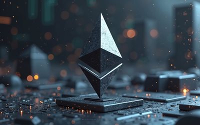 ethereum 3d signo, fondo tecnológico, logotipo de ethereum metal 3d, logotipo de ethereum, criptomoneda, emblema de ethereum, signo de ethereum, antecedentes de finanzas, ethereum