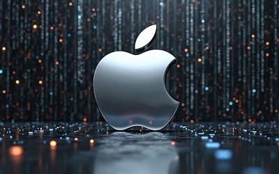 4k, logo di mela argento, bokeh, sfondo matrice nera, opera d'arte, marchi elettronici, logo apple metal, logo apple, marchi, mela