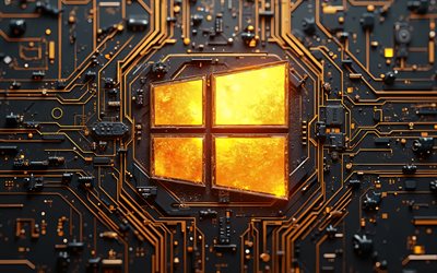 Windows 10 golden logo, 4k, yellow glare, black hi-tech background, microcircuits, conductors, OS brands, creative, Windows 10 logo on microcircuit, brands, Windows 10 3D logo, artwork, Windows 10 logo, Windows 10