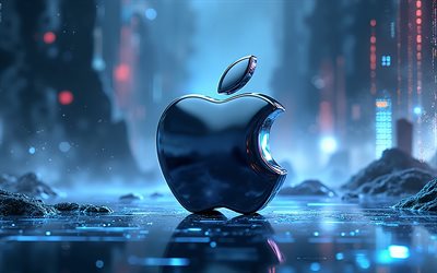 logotipo 3d apple, antecedentes de alta tecnología, 4k, luz de neón azul, logotipo de apple, emblema de manzana, arte creativo, logotipo de apple 3d, manzana
