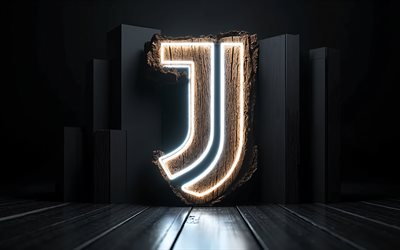 4k, logo juventus neon, luci al neon bianca, sfondo di legno nero, serie a, calcio, logo juventus, juventus wooden logo, logo juventus fc, club di calcio italiano, emblema della juventus, juventus fc
