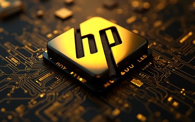 HP 3d yellow logo, Hewlett Packard, 4k, dark yellow motherboard, HP logo, HP emblem, Hewlett Packard logo, yellow technology background, HP, 3d HP logo