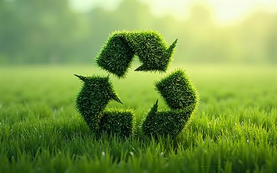 Recycling sign, 4K, eco concepts, nature background, Recycling sign made from green grass, Recycling logo, recycling symbol, green grass
