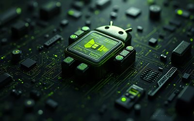 logotipo de android 3d dark lime, 4k, placa base de lima oscura, robot android, logotipo de android, emblema de android, fondo de tecnología de lima oscura, androide, logotipo 3d android