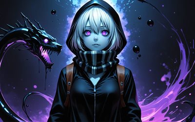 4k, أعد الفئة, تنين, نيران النار الأرجواني, مجموعة kantai, الظلام, عيون أرجوانية, شخصيات مجموعة kantai, المانجا, أعد مجموعة kantai