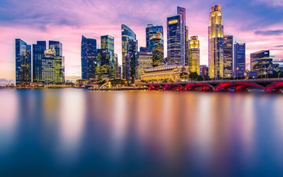 singapore, asia, grattacieli, panorama di sera