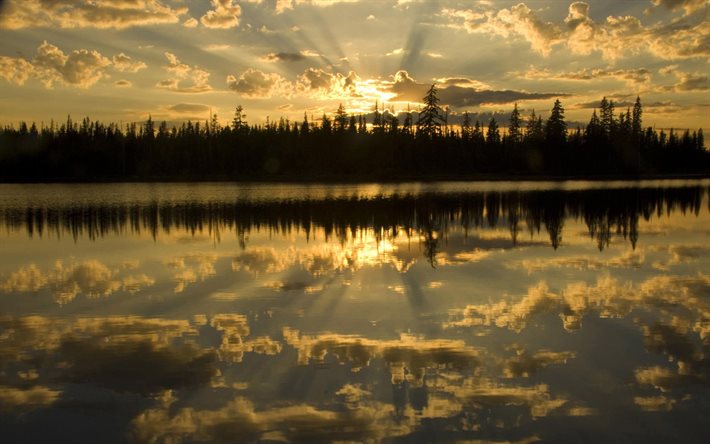 reflexão, nuvens, o lago, pôr do sol, eua, parque nacional